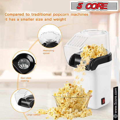 5 Core Popcorn Machine 16 Cup Hot Air Popper Mini Portable Electric Pop Corn Maker White