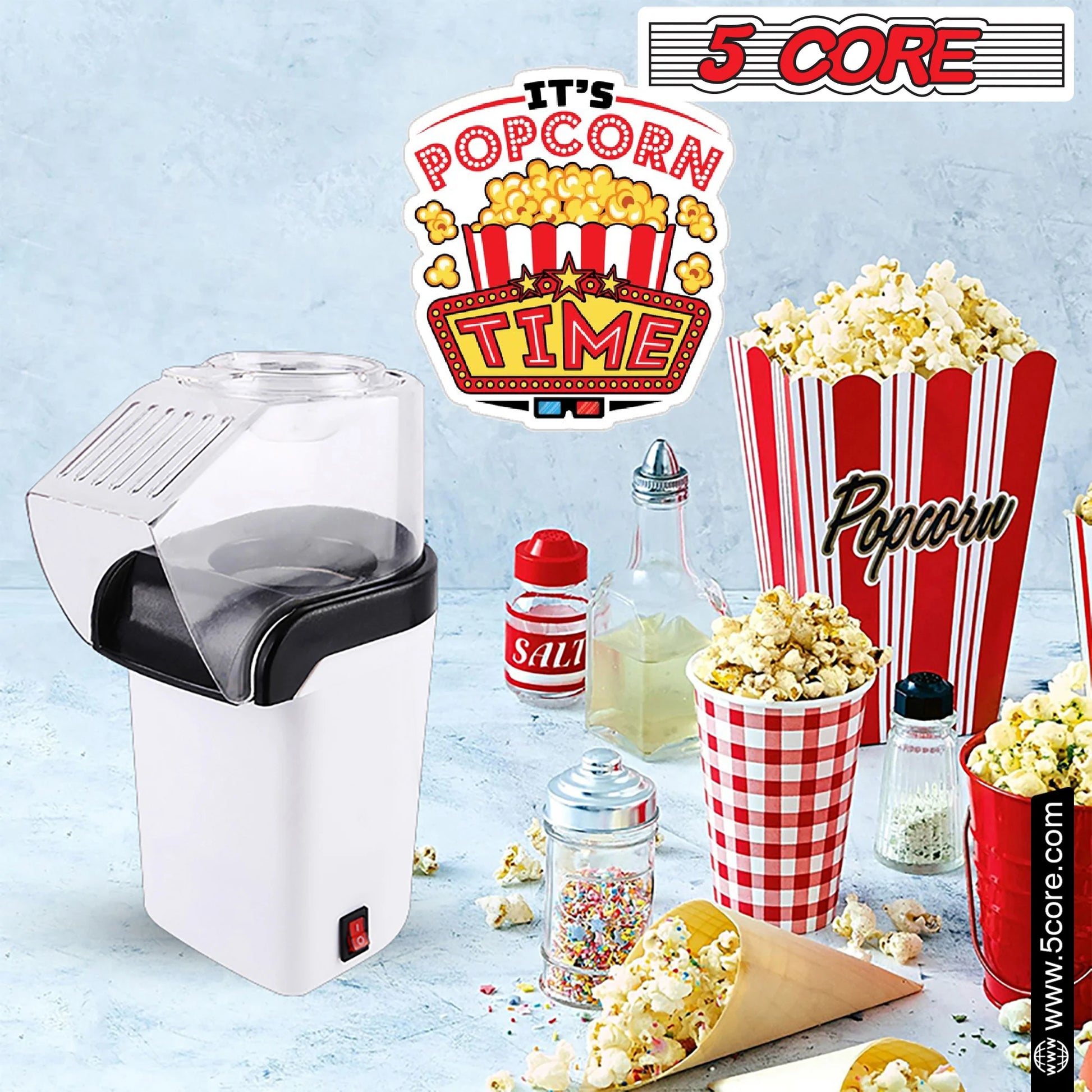 5 Core Popcorn Machine 16 Cup Hot Air Popper Mini Portable Electric Pop Corn Maker White
