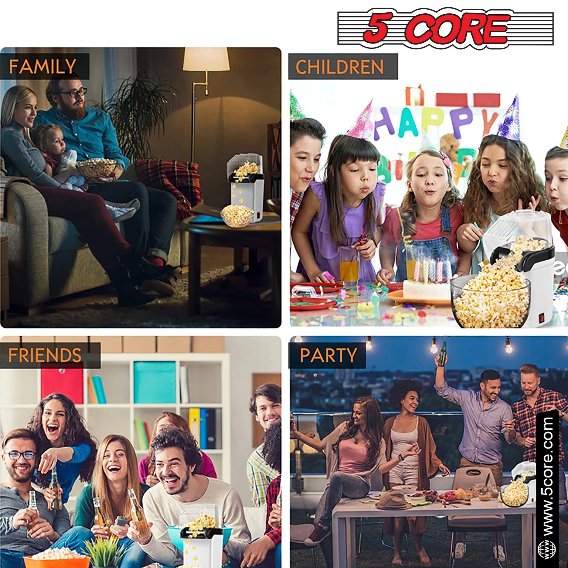 5 Core Popcorn Machine 16 Cup Hot Air Popper Mini Portable Electric Pop Corn Maker White