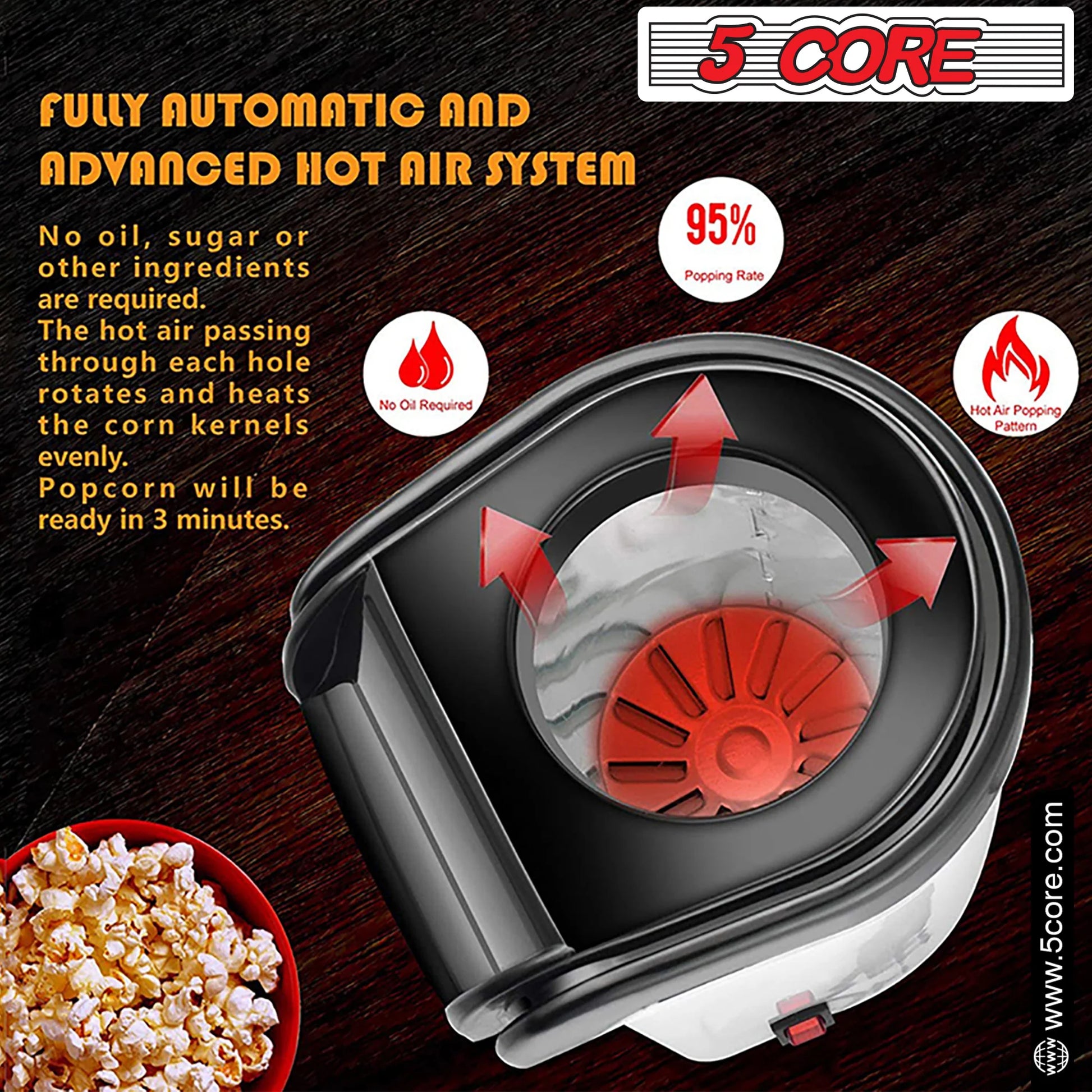 5 Core Popcorn Machine 16 Cup Hot Air Popper Mini Portable Electric Pop Corn Maker White