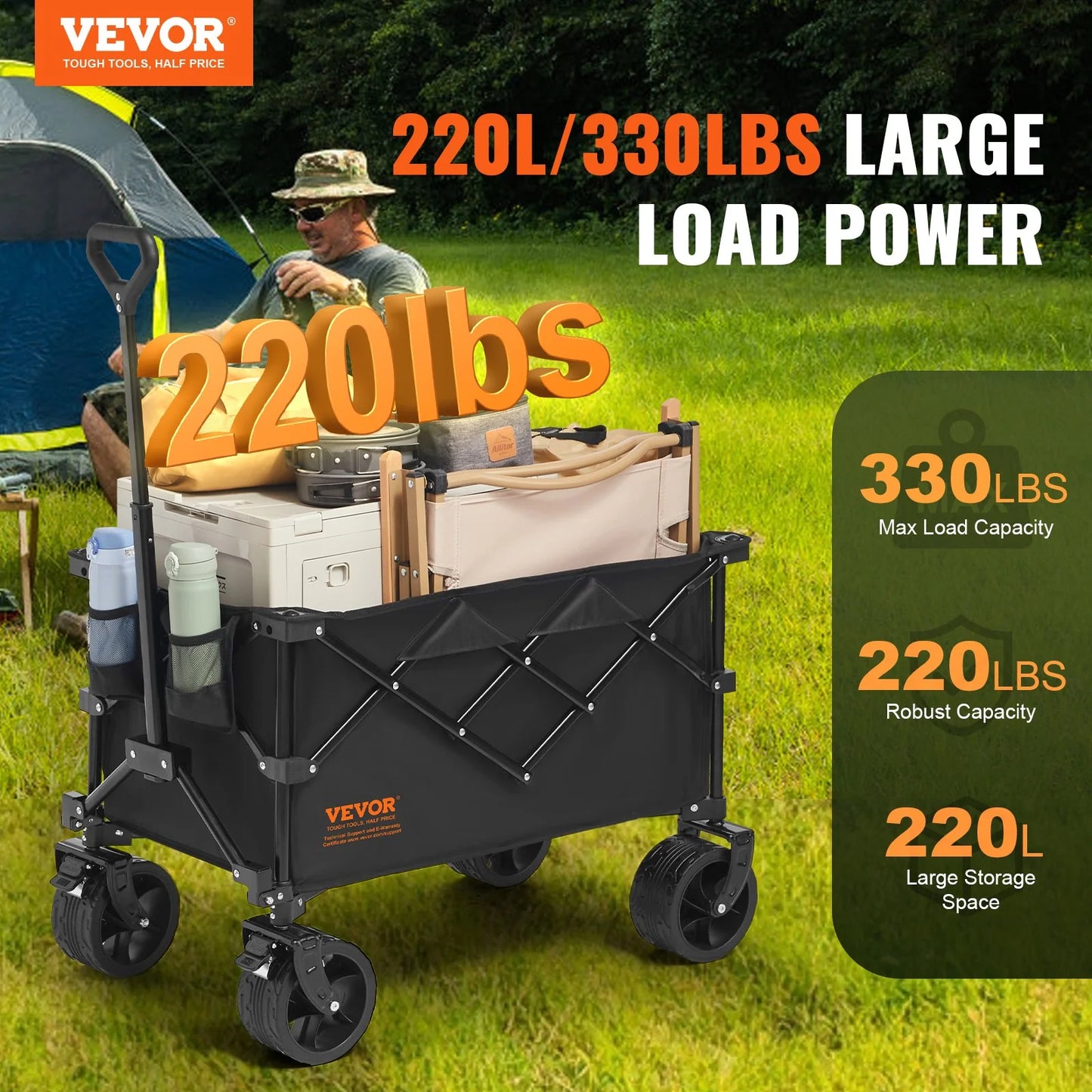 VEVOR Collapsible Folding Wagon, 220 L Beach Wagon Cart with All-Terrain Wheels, Heavy Duty Folding Wagon Cart Max 330 Lbs with Drink Holders, Sports Wagon for Camping, Shopping, Garden