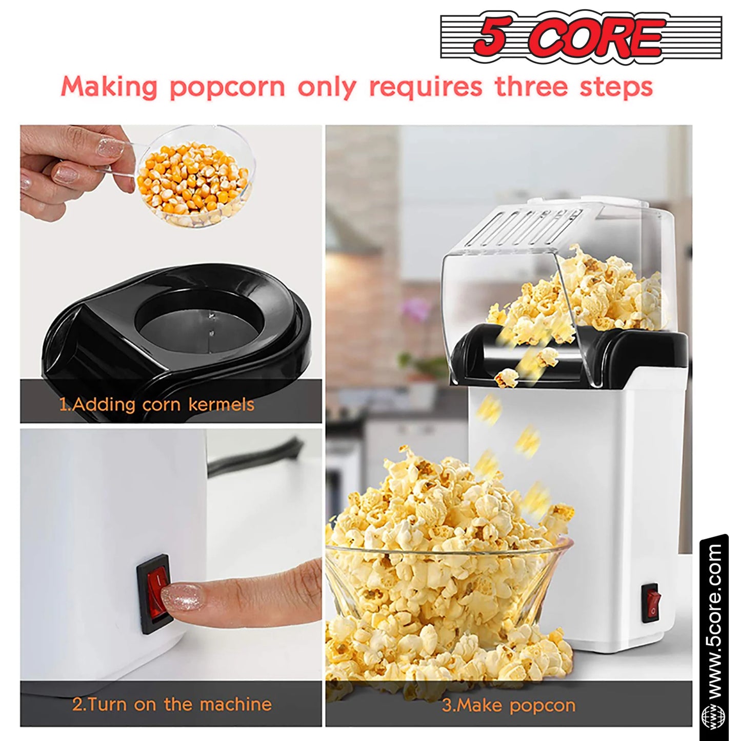 5 Core Popcorn Machine 16 Cup Hot Air Popper Mini Portable Electric Pop Corn Maker White