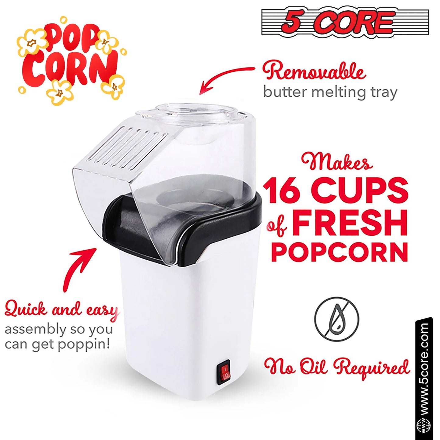 5 Core Popcorn Machine 16 Cup Hot Air Popper Mini Portable Electric Pop Corn Maker White